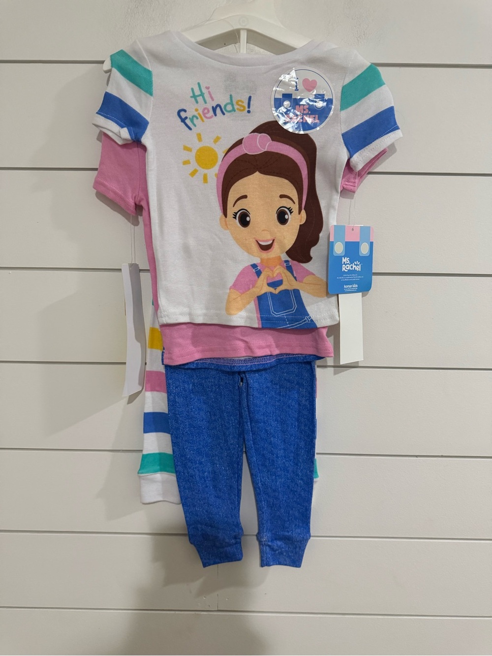Rachel Girls' Four Piece Pajama Set - White, Pink & Blue
